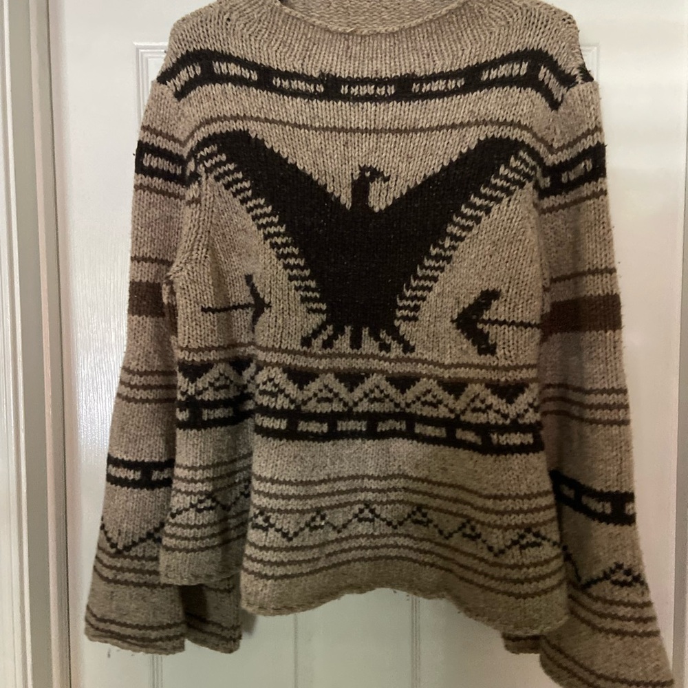 Free people bell sleeved Brown and Tan Knit Sweater with Eagle Design